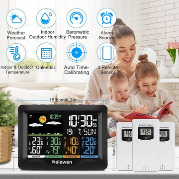 Kalawen Weather Station with 3 Outdoor Sensors, Wireless Indoor Outdoor Weather Forecast Station with Color LCD Display Alarm Clock Barometer Temperature Humidity Monitor - Imported from UK